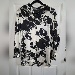 Zara Collection Women SILK FLOWER PRINTED BLOUSE BLACK WHITE Size S